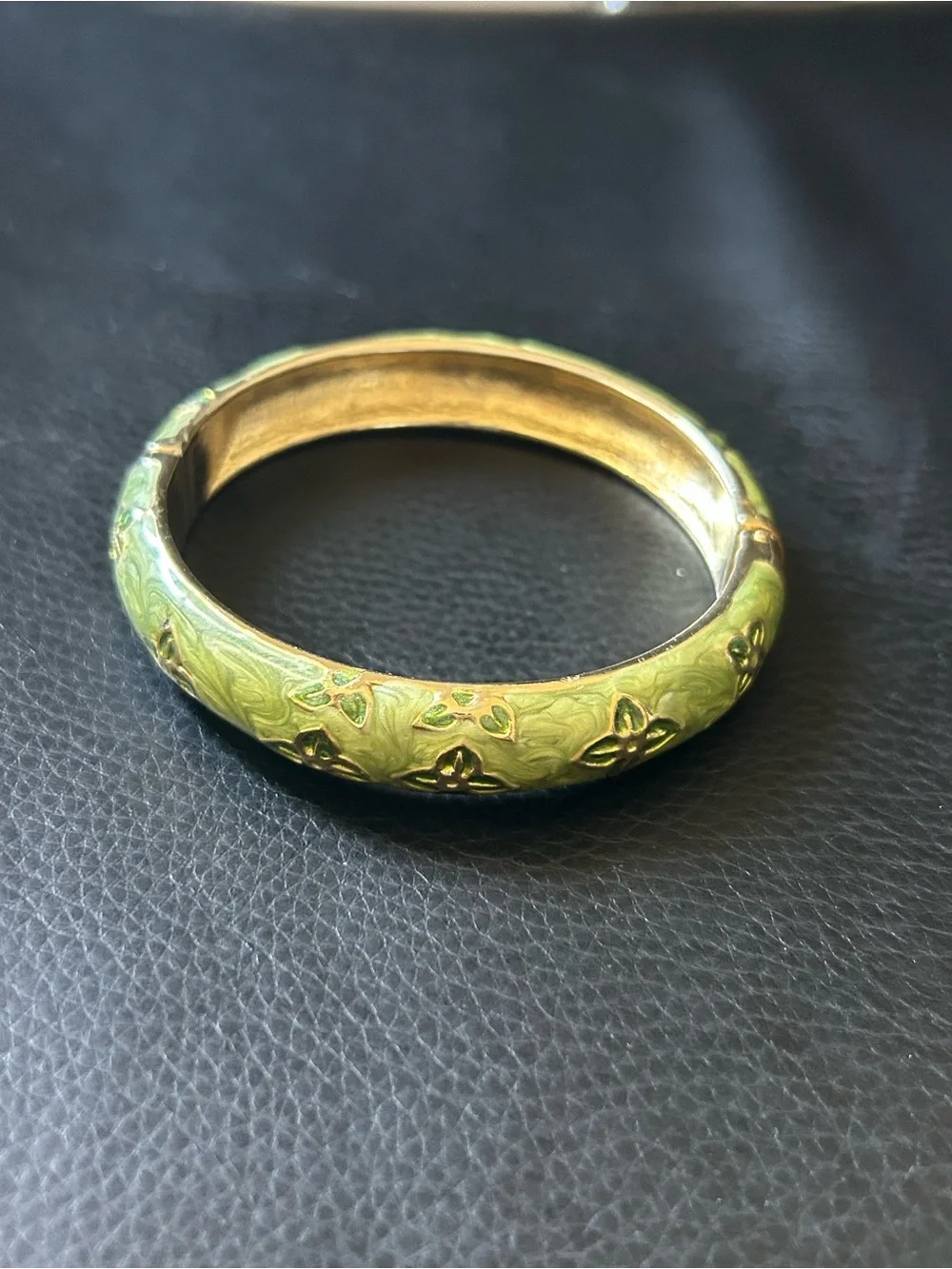 Vintage Green Enamel Gold-Tone Monogram Flower Hinged Bangle Bracelet